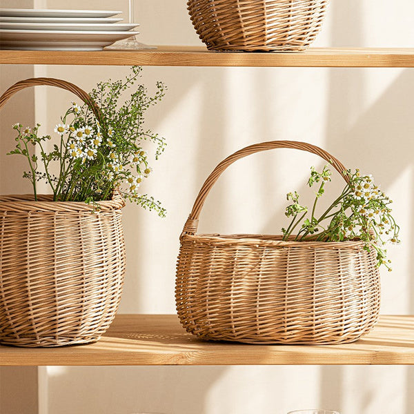 Wicker Storage Basket for Kitchen, Hand-woven Picnic Food Basket with Handle, Willow Weaving Baskets for Vegetable, Natural Fruit Basket, Storage Basket for Shelves