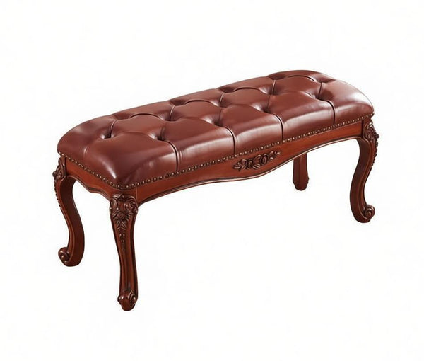 Dressing Table Stool, Rubber Wood Footstool, Vintage Chestnut Brown Leather Stool, Genuine Leather Solid Wood Entry Bench, Farmhouse Entryway Bench, Leather Lounge Chair Modern-LargePaintingArt.com
