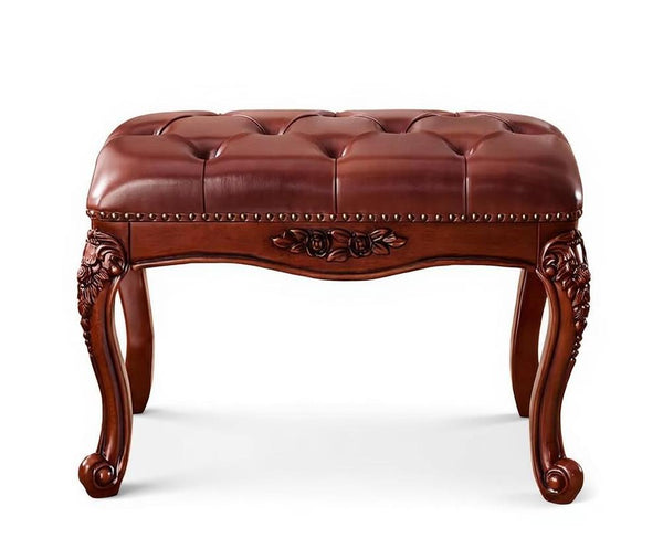 Dressing Table Stool, Rubber Wood Footstool, Vintage Chestnut Brown Leather Stool, Genuine Leather Solid Wood Entry Bench, Farmhouse Entryway Bench, Leather Lounge Chair Modern-LargePaintingArt.com