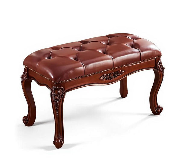 Dressing Table Stool, Rubber Wood Footstool, Vintage Chestnut Brown Leather Stool, Genuine Leather Solid Wood Entry Bench, Farmhouse Entryway Bench, Leather Lounge Chair Modern-LargePaintingArt.com