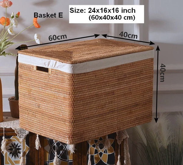 Oversized Storage Baskets for Bedroom, Rectangular Woven Storage Baskets for Clothes, Large Rectangular Storage Basket with Lid, Rattan Storage Case-LargePaintingArt.com