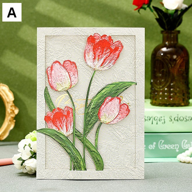 Creative Birthday Greeting Card, Tulip Flower Greeting Cards, Beautiful Greeting Cards to Friends, Original Handmade Greeting Cards-LargePaintingArt.com