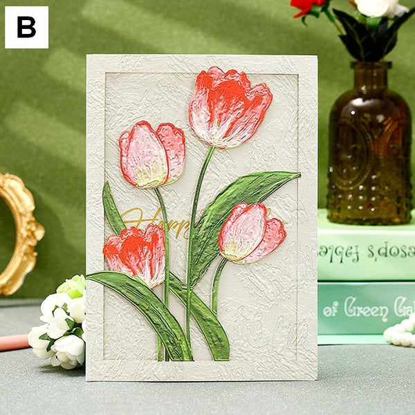 Creative Birthday Greeting Card, Tulip Flower Greeting Cards, Beautiful Greeting Cards to Friends, Original Handmade Greeting Cards-LargePaintingArt.com