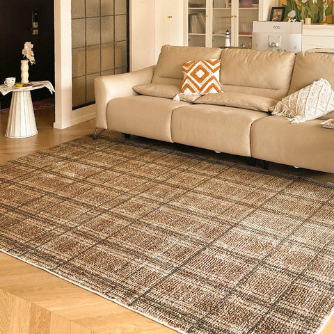 Geometric Modern Rugs for Dining Room, Dining Room Floor Carpets, Mid Century Modern Living Room Rugs, Brown Contemporary Area Rugs for Bedroom-LargePaintingArt.com