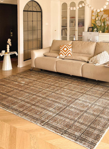 Geometric Modern Rugs for Dining Room, Dining Room Floor Carpets, Mid Century Modern Living Room Rugs, Brown Contemporary Area Rugs for Bedroom-LargePaintingArt.com
