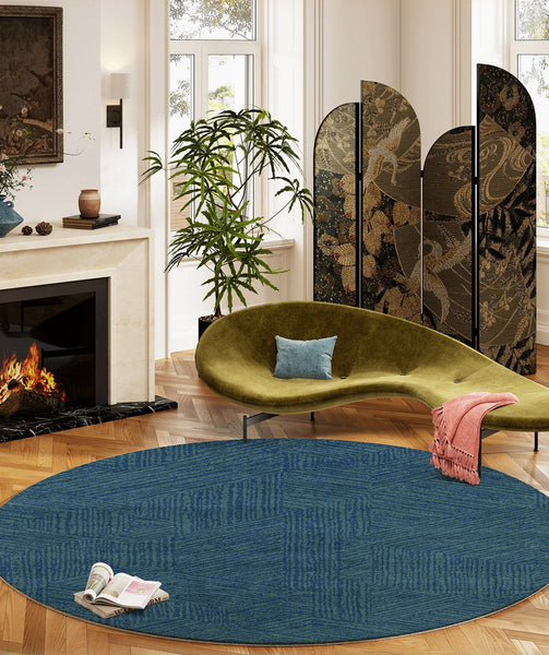 Geometric Round Rugs for Dining Room, Blue Contemporary Modern Rugs, Mid Century Round Modern Rugs under Chairs, Bedroom Abstract Modern Area Rugs-LargePaintingArt.com