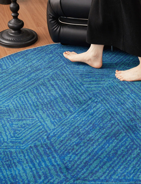 Geometric Round Rugs for Dining Room, Blue Contemporary Modern Rugs, Mid Century Round Modern Rugs under Chairs, Bedroom Abstract Modern Area Rugs-LargePaintingArt.com