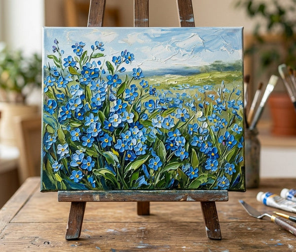 Impasto Painting, Sunlit Forget-me-not Fields, Small Canvas Artwork for Sale, Original Canvas Paintings, Heavy Texture Paintings on Canvas, Buy Paintings Online