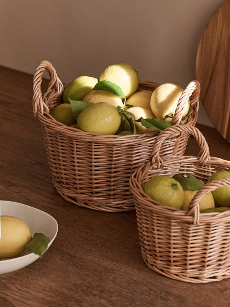 Large Picnic Fruit Basket with Handle, Natural Hand-woven Wicker Round Storage Basket, Lovely Willow Weaving Baskets for Vegetable, Natural Fruit Storage Basket, Kitchen Storage Baskets-LargePaintingArt.com