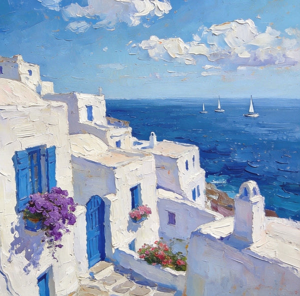 Original Oil Paintings, Azure Waves and White Washes, Aegean Blue Sea, Small Landscape Paintings on Canvas, Palette Knife Oil Paintings, Landscape Canvas Paintings, Hand Painted Canvas Art-LargePaintingArt.com