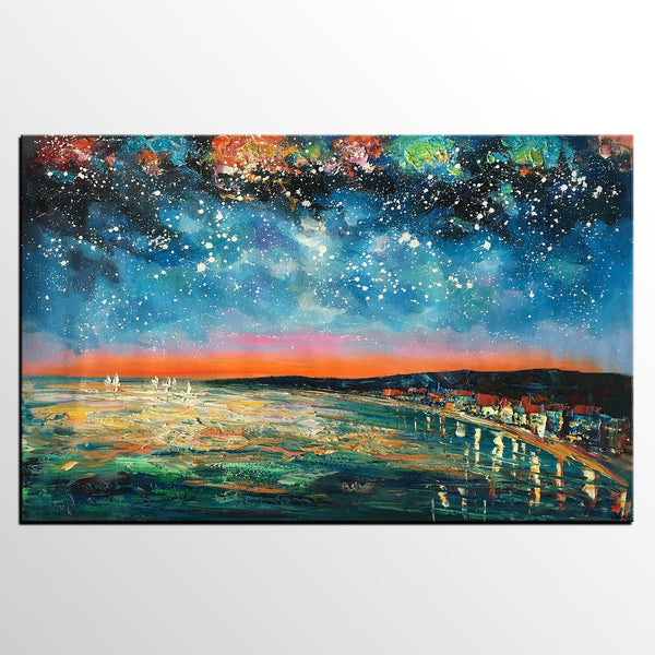 Landscape Painting, Starry Night Oil Painting, Original Wall Art, Custom Large Canvas Art-LargePaintingArt.com