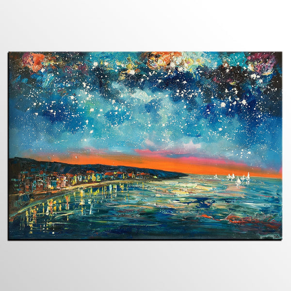Landscape Canvas Paintings, Starry Night Sky Painting, Landscape Painting for Sale, Custom Original Painting on Canvas-LargePaintingArt.com