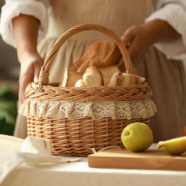 Storage Basket for Shelves, Picnic Storage Basket with Handle, Hand-woven Wicker Storage Basket, Natural Fruit Basket, Willow Weaving Baskets for Kitchen