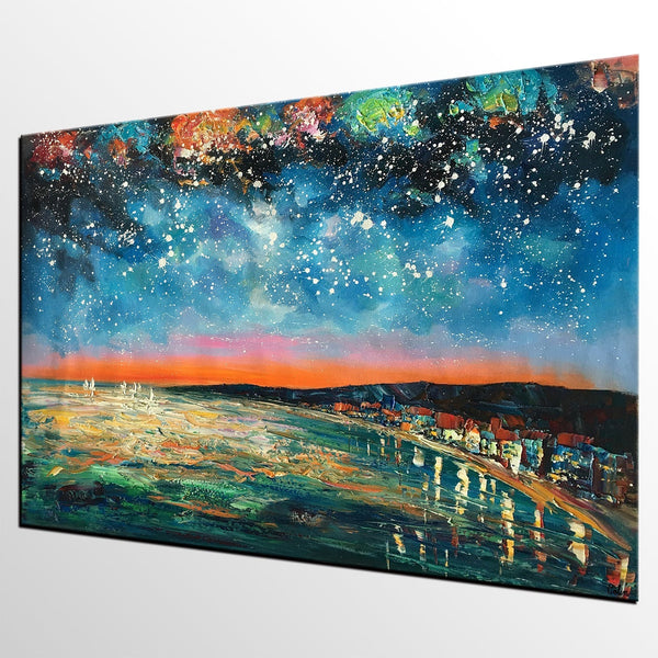 Landscape Painting, Starry Night Oil Painting, Original Wall Art, Custom Large Canvas Art-LargePaintingArt.com