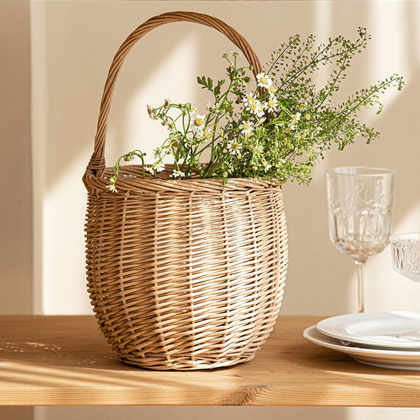 Wicker Storage Basket for Kitchen, Hand-woven Picnic Food Basket with Handle, Willow Weaving Baskets for Vegetable, Natural Fruit Basket, Storage Basket for Shelves