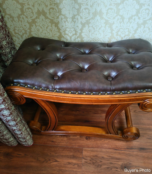 Cherry Wood Footstool, Vintage Leather Stool, Genuine Leather Solid Wood Entry Bench, Long Bench, Vanity Stool, Dressing Table Stool-LargePaintingArt.com