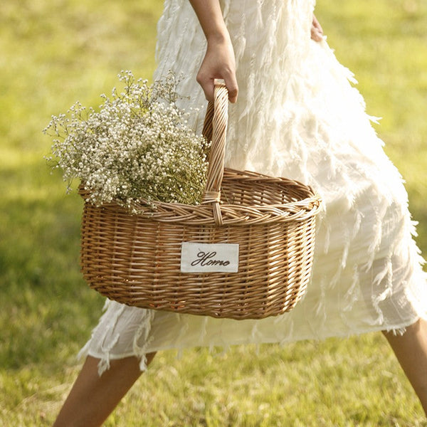 Hand-woven Wicker Storage Basket, Large Picnic Food Basket with Handle, Willow Weaving Baskets for Vegetable, Natural Fruit Basket, Kitchen Storage Baskets-LargePaintingArt.com