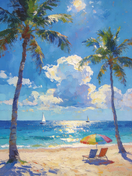 Coastal Serenity Scene, Palm Trees Seashore Paintings, Hand Painted Canvas Wall Art, Original Artwork, Small Oil Paintings, Heavy Texture Artwork, Small Canvas Paintings-LargePaintingArt.com