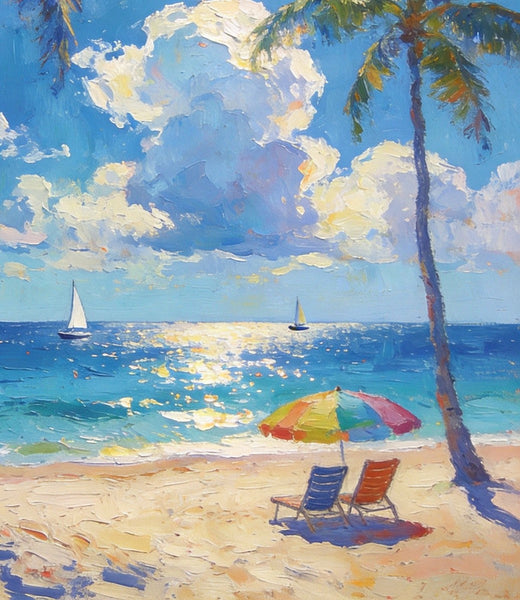 Coastal Serenity Scene, Palm Trees Seashore Paintings, Hand Painted Canvas Wall Art, Original Artwork, Small Oil Paintings, Heavy Texture Artwork, Small Canvas Paintings-LargePaintingArt.com