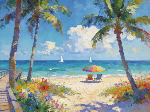 Landscape Paintings for Dining Room, Seaside Bliss with Palms, Small Paintings On Canvas, Hand Painted Canvas Art, Hand Painted Canvas Art, Original Oil Paintings-LargePaintingArt.com