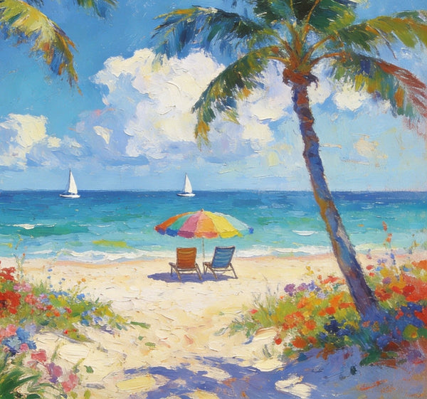 Landscape Paintings for Dining Room, Seaside Bliss with Palms, Small Paintings On Canvas, Hand Painted Canvas Art, Hand Painted Canvas Art, Original Oil Paintings-LargePaintingArt.com