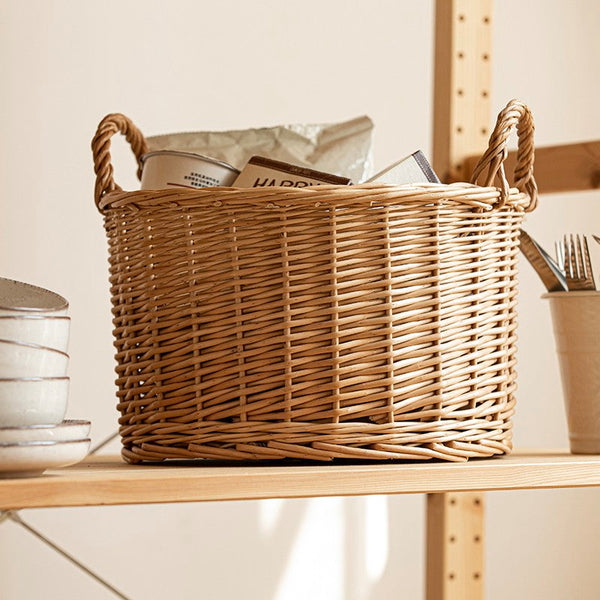 Small Picnic Fruit Basket with Handle, Kitchen Storage Baskets, Natural Hand-woven Wicker Round Storage Basket, Small Willow Weaving Baskets for Vegetable, Natural Fruit Storage Basket-LargePaintingArt.com