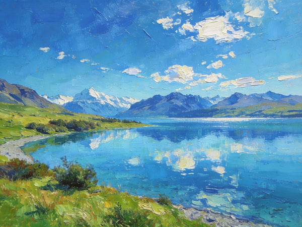 Mountain Landscape Paintings, New Zealand Lake Charm, Small Paintings on Canvas, Original Landscape Paintings, Hand Painted Canvas Artwork-LargePaintingArt.com