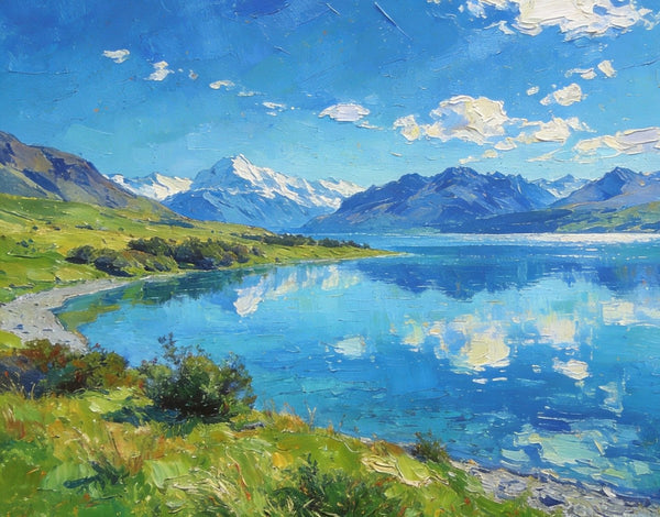 Mountain Landscape Paintings, New Zealand Lake Charm, Small Paintings on Canvas, Original Landscape Paintings, Hand Painted Canvas Artwork-LargePaintingArt.com