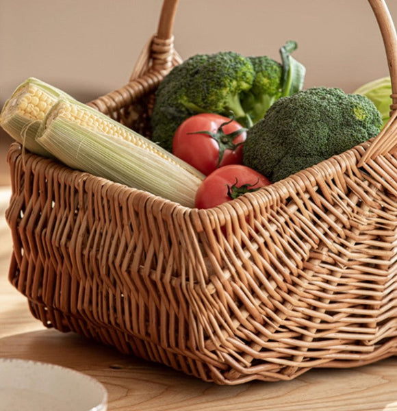 Large Picnic Food Basket with Handle, Natural Hand-woven Wicker Storage Basket, Lovely Willow Weaving Baskets for Vegetable, Natural Fruit Basket, Kitchen Storage Baskets-LargePaintingArt.com