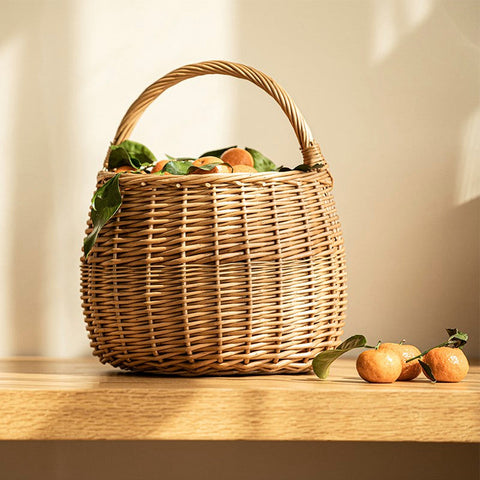 Storage Basket for Kitchen, Picnic Storage Basket with Handle, Hand-woven Wicker Storage Basket, Natural Fruit Basket, Willow Weaving Baskets for Vegetable-LargePaintingArt.com