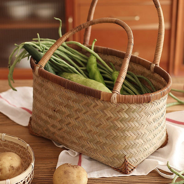 Storage Basket with Handle, Large Kitchen Storage Baskets, Natural Hand-woven Bamboo Storage Basket, Lovely Bamboo Weaving Baskets for Vegetable, Picnic Fruit Storage Baskets