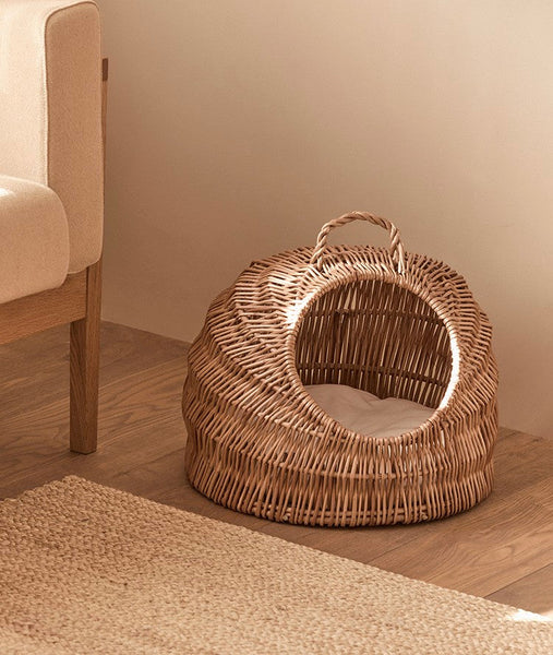 Indoor Cat Bed, Natural Wicker Cat House Basket with Washable Cushion for Indoor Cats and Dogs-LargePaintingArt.com