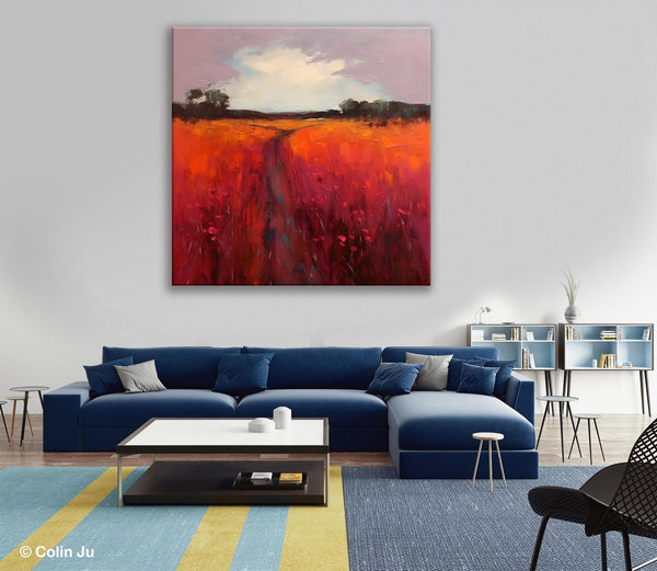 Landscape Canvas Paintings, Acrylic Abstract Art on Canvas, Red Poppy Flower Field Painting, Landscape Acrylic Painting, Living Room Wall Art Paintings-LargePaintingArt.com