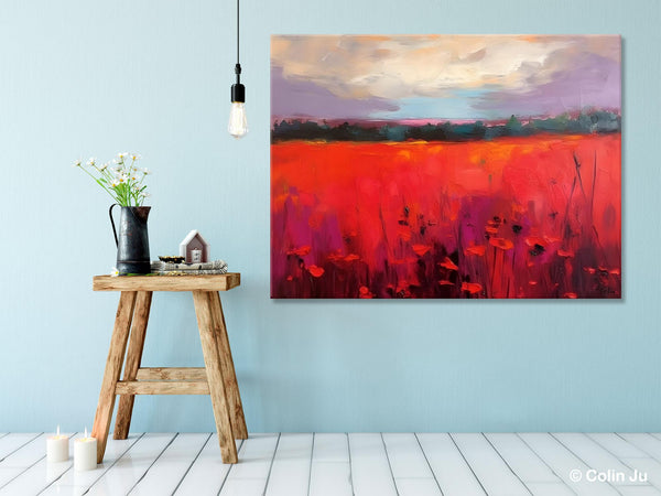 Simple Modern Art, Original Landscape Painting, Landscape Paintings for Living Room, Poppy Filed Canvas Paintings, Large Wall Art Paintings-LargePaintingArt.com