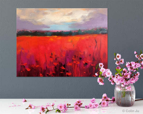 Simple Modern Art, Original Landscape Painting, Landscape Paintings for Living Room, Poppy Filed Canvas Paintings, Large Wall Art Paintings-LargePaintingArt.com