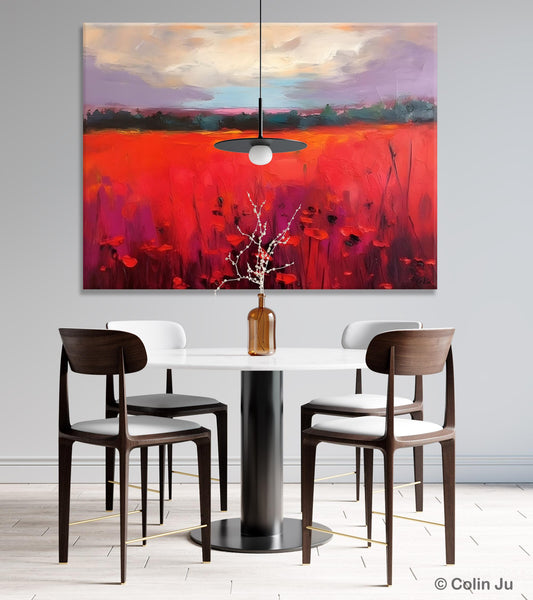Simple Modern Art, Original Landscape Painting, Landscape Paintings for Living Room, Poppy Filed Canvas Paintings, Large Wall Art Paintings-LargePaintingArt.com