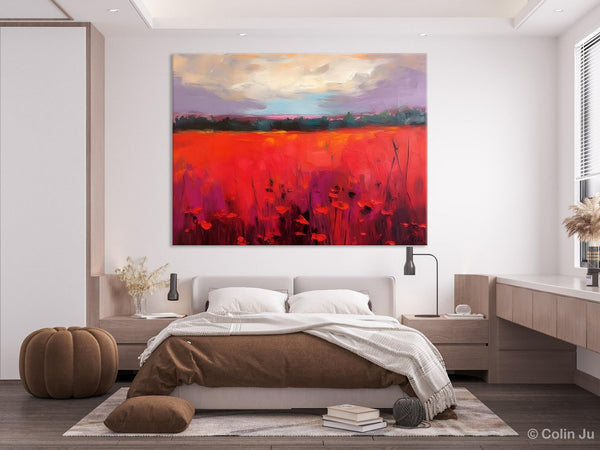 Simple Modern Art, Original Landscape Painting, Landscape Paintings for Living Room, Poppy Filed Canvas Paintings, Large Wall Art Paintings-LargePaintingArt.com