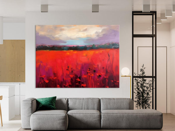Simple Modern Art, Original Landscape Painting, Landscape Paintings for Living Room, Poppy Filed Canvas Paintings, Large Wall Art Paintings-LargePaintingArt.com