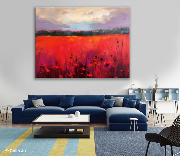 Simple Modern Art, Original Landscape Painting, Landscape Paintings for Living Room, Poppy Filed Canvas Paintings, Large Wall Art Paintings-LargePaintingArt.com