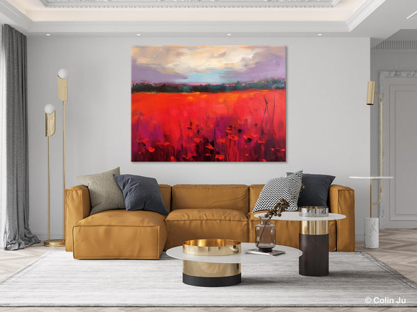 Simple Modern Art, Original Landscape Painting, Landscape Paintings for Living Room, Poppy Filed Canvas Paintings, Large Wall Art Paintings-LargePaintingArt.com