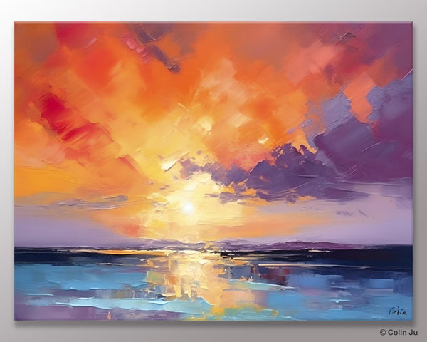 Original Landscape Oil Paintings, Sunrise Paintings, Large Contemporary Wall Art, Oil Painting on Canvas, Extra Large Paintings for Bedroom-LargePaintingArt.com