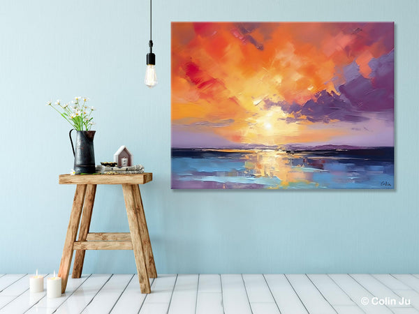 Original Landscape Oil Paintings, Sunrise Paintings, Large Contemporary Wall Art, Oil Painting on Canvas, Extra Large Paintings for Bedroom-LargePaintingArt.com