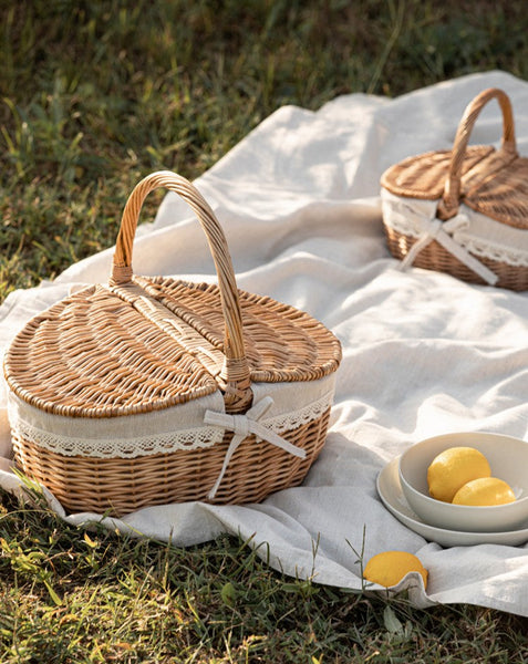 Picnic Storage Basket with Handle, Extra Large Kitchen Storage Baskets, Natural Hand-woven Wicker Storage Basket, Lovely Willow Weaving Baskets for Vegetable, Natural Fruit Storage Baskets-LargePaintingArt.com