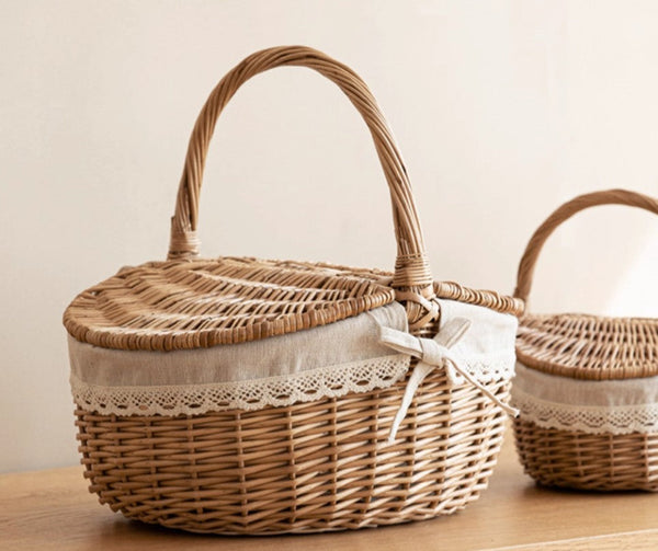 Picnic Storage Basket with Handle, Extra Large Kitchen Storage Baskets, Natural Hand-woven Wicker Storage Basket, Lovely Willow Weaving Baskets for Vegetable, Natural Fruit Storage Baskets-LargePaintingArt.com