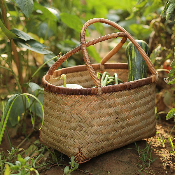 Storage Basket with Handle, Large Kitchen Storage Baskets, Natural Hand-woven Bamboo Storage Basket, Lovely Bamboo Weaving Baskets for Vegetable, Picnic Fruit Storage Baskets-LargePaintingArt.com