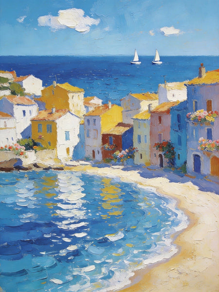 Landscape Paintings for Bedroom, Seaside Hamlet Picturesque View, Hand Painted Canvas Art, Small Oil Paintings, Palette Knife Artwork, Original Canvas Paintings-LargePaintingArt.com