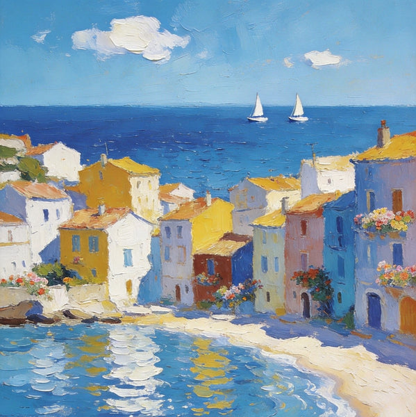 Landscape Paintings for Bedroom, Seaside Hamlet Picturesque View, Hand Painted Canvas Art, Small Oil Paintings, Palette Knife Artwork, Original Canvas Paintings-LargePaintingArt.com