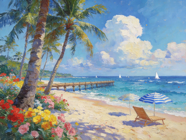 Canvas Paintings for Living Room, Beach with Palm Perfection, Hand Painted Canvas Art, Small Oil Paintings, Small Wall Art Paintings, Original Landscape Paintings-LargePaintingArt.com