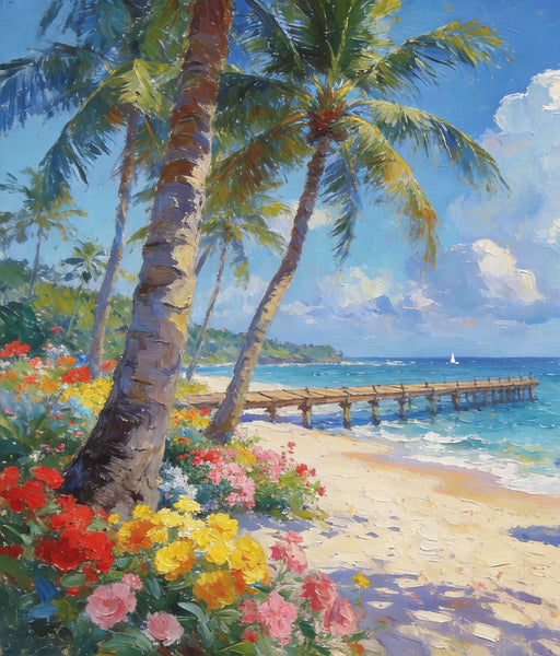 Canvas Paintings for Living Room, Beach with Palm Perfection, Hand Painted Canvas Art, Small Oil Paintings, Small Wall Art Paintings, Original Landscape Paintings-LargePaintingArt.com