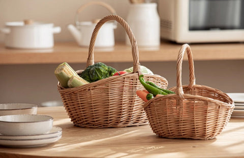 Natural Hand-woven Wicker Storage Basket, Large Picnic Food Basket with Handle, Lovely Willow Weaving Baskets for Vegetable, Natural Fruit Basket, Kitchen Storage Baskets-LargePaintingArt.com